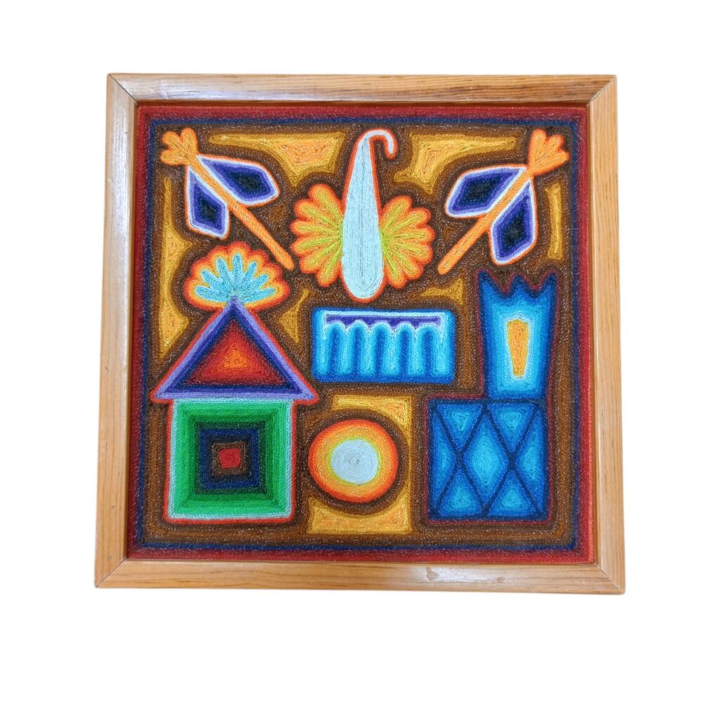 'Yarn Painting' Huichol House and Symbols Folkart vivid colors 8.5" x 8.5" Frame